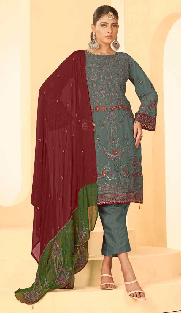 Georgette Embroidery Work Party Wear Salwar Suit in Grey -9035185380
