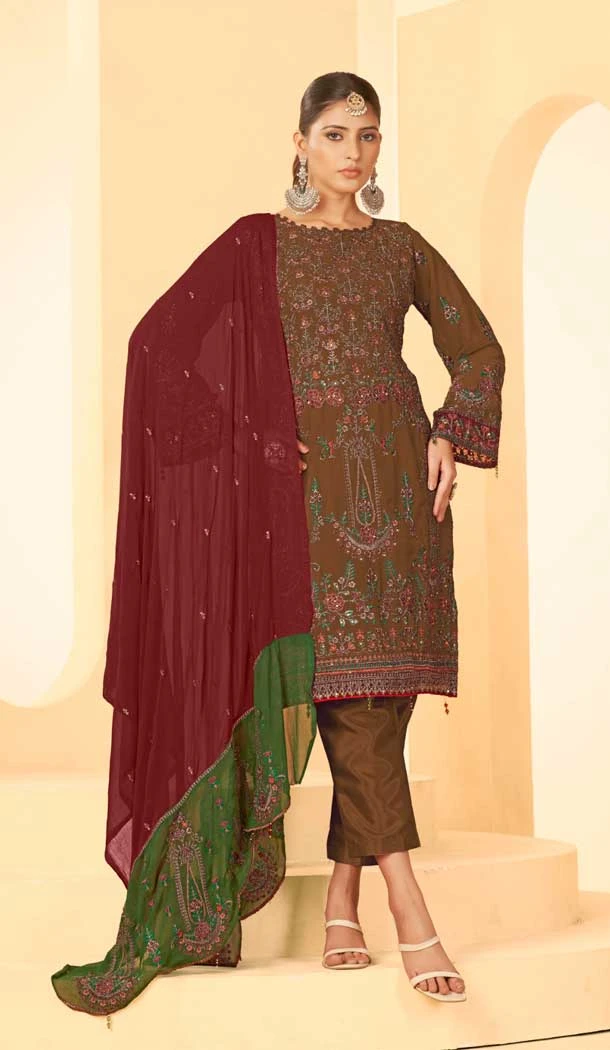 Georgette Embroidery Work Party Wear Salwar Suit in Brown -9035185381
