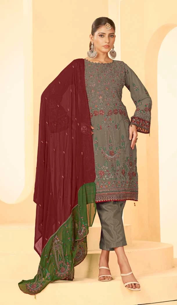 Mouse Grey Georgette Embroidery Work Party Wear Salwar Suit -9035185384