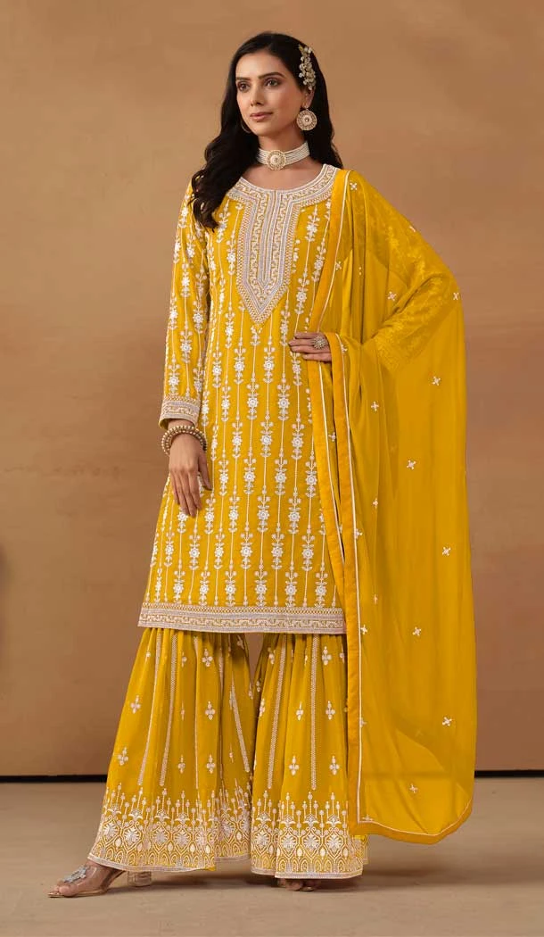 Embroidery Work Faux Georgette Party Wear Sharara Suit in Yellow -9037185389