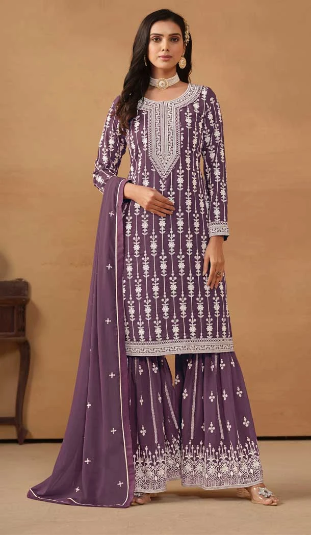 Embroidery Work Faux Georgette Party Wear Sharara Suit in Purple -9037185390