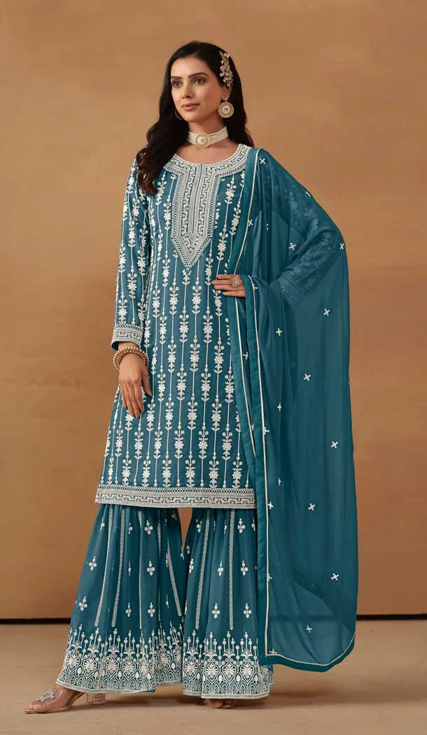 Embroidery Work Faux Georgette Party Wear Sharara Suit in Teal Blue -9037185391