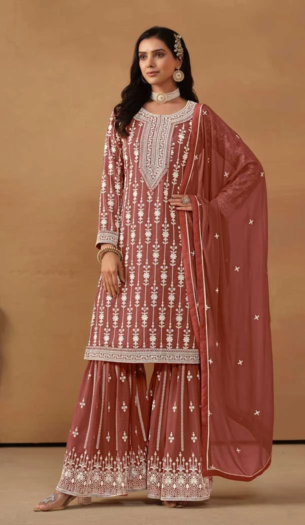 Embroidery Work Faux Georgette Party Wear Sharara Suit in Rust -9037185392