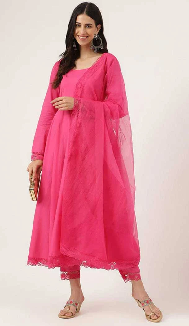 Pure Cotton Lace Work Designer Heavy Readymade Anarkali Suit in Pink -9068185532