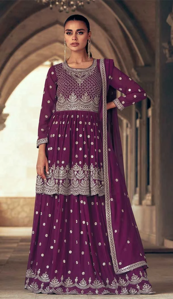 Georgette Embroidery Work Party Wear Lehenga Suit in Wine -9091185649