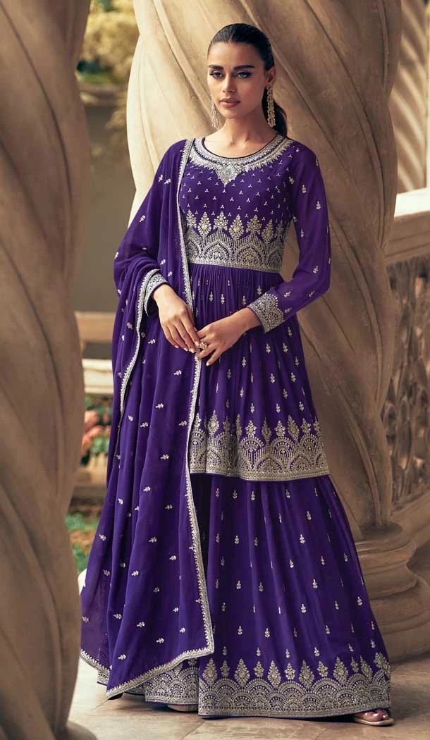 Georgette Embroidery Work Party Wear Lehenga Suit in Purple -9091185650