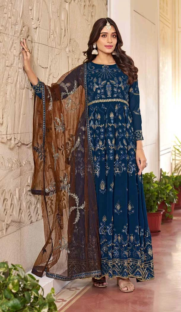 Embroidery Work Faux Georgette Party wear Salwar Suit in Teal Blue -9103185683