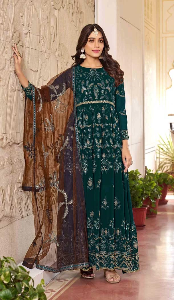 Embroidery Work Faux Georgette Party wear Salwar Suit in Teal Green -9103185685