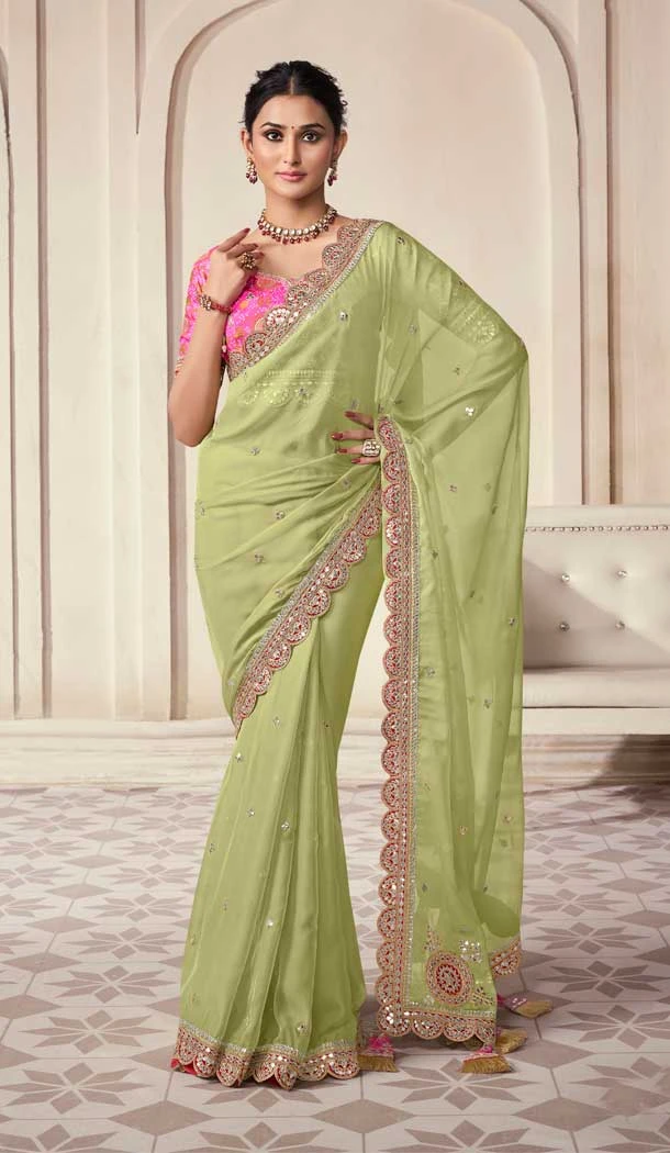 Organza Thread Work Designer Wear Saree Blouse in Pista Green -9104185687