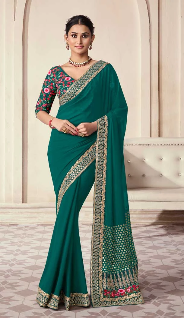Organza Thread Work Designer Wear Saree Blouse in Green -9104185689