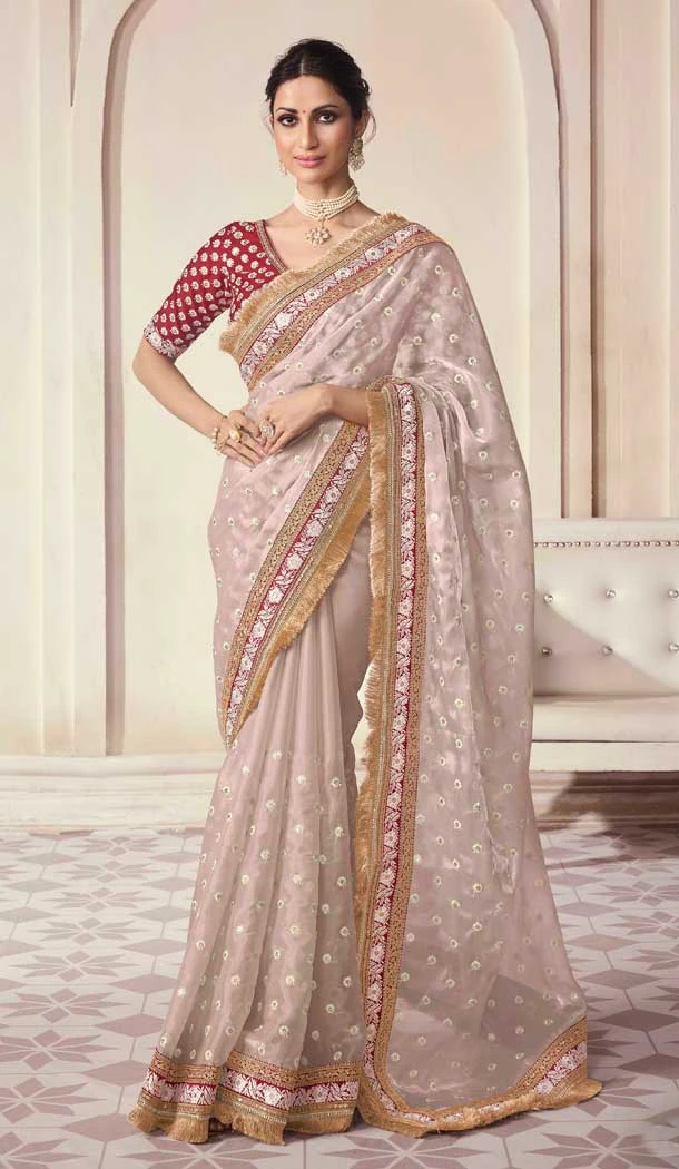 Organza Thread Work Designer Wear Saree Blouse in Beige -9104185690