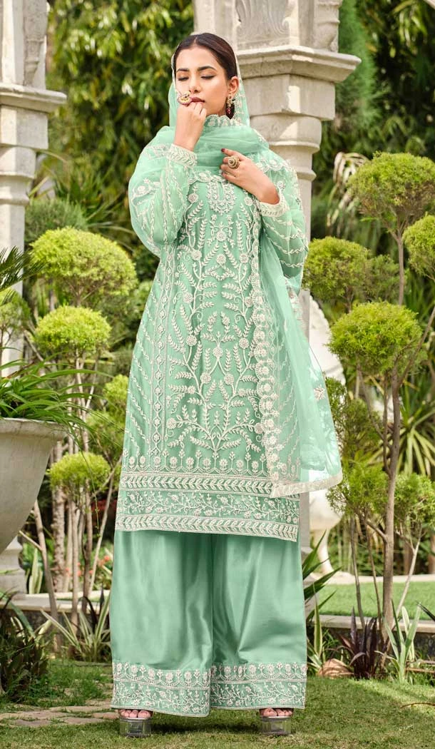 Pure Butterfly Net Heavy Coding Work Pakistani Palazzo Suit in Aqua Green -9111185715
