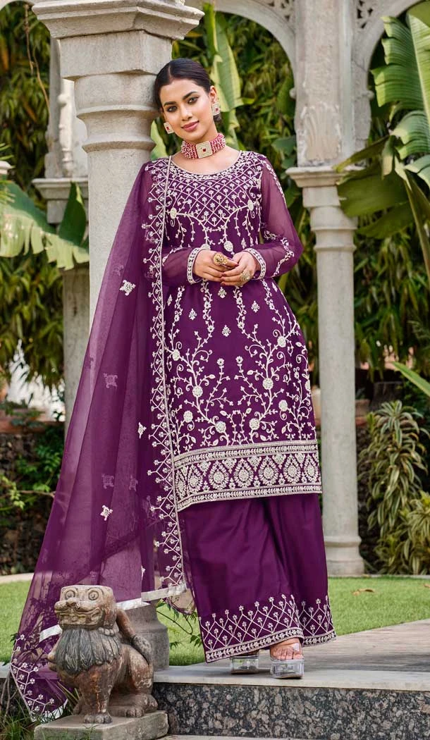 Pure Butterfly Net Heavy Coding Work Pakistani Palazzo Suit in Purple -9111185716