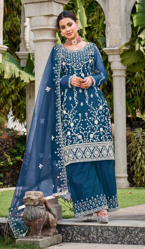 Pure Butterfly Net Heavy Coding Work Pakistani Palazzo Suit in Navy Blue -9111185717