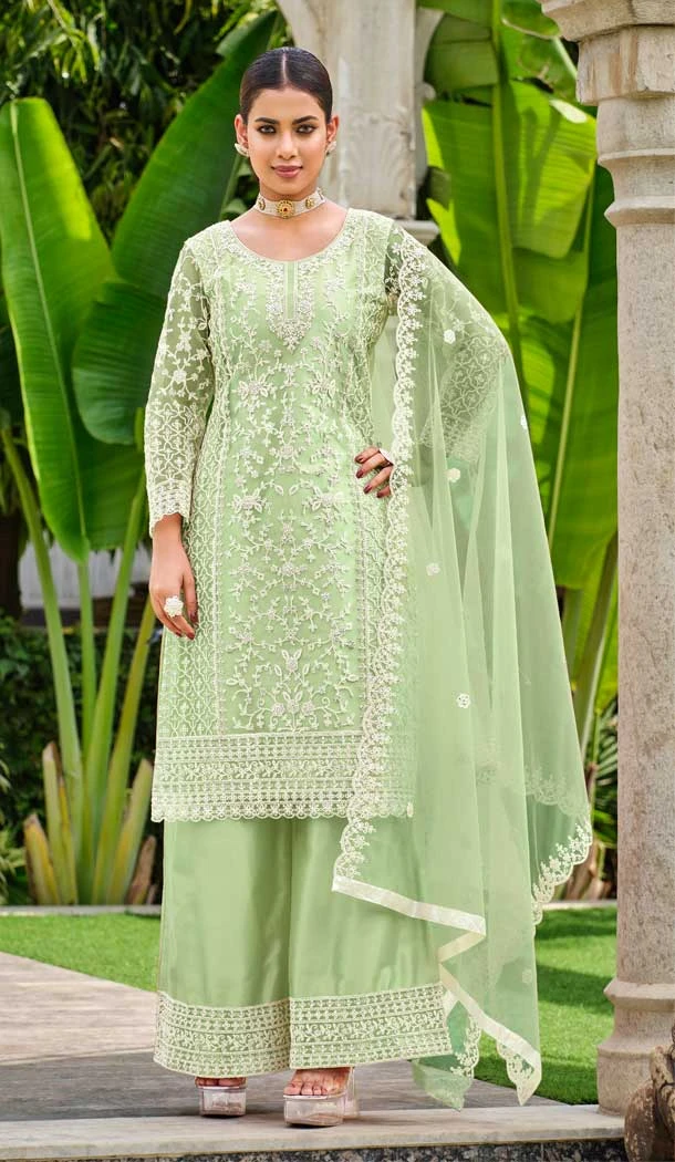 Pure Butterfly Net Heavy Coding Work Pakistani Palazzo Suit in Pista Green -9111185719