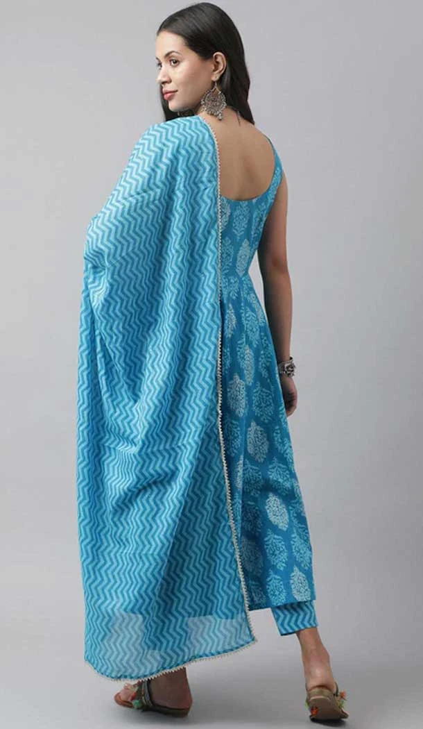 Cotton Block Print Work Party Wear Readymade Salwar Kameez in Turquoise Blue -9119185755