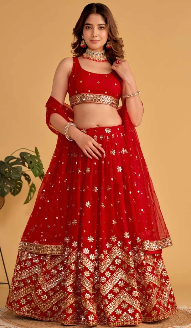 Georgette Embroidery Work Designer Wear Lehenga Choli in Red -9125185815