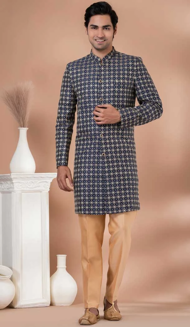Blue Jacquard Silk Designer Indo Western for Men -9131185843