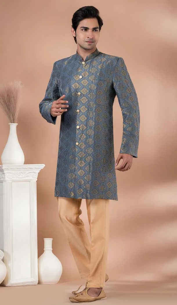 Jacquard Silk Designer Indo Western for Men in Grey Color -9131185844