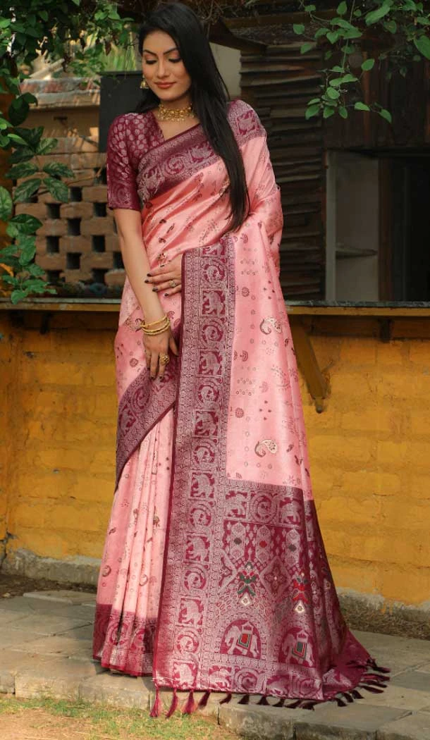 Pure Soft Silk With Kanjivaram Work Saree Blouse in Pink -9152185980