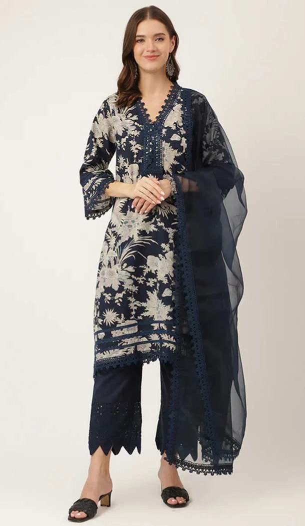 Printed Work Cotton Trendy Readymade Salwar Suit in Navy Blue -9154185985