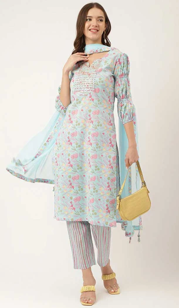 Printed Work Cotton Trendy Readymade Salwar Suit in Sky Blue -9154185986