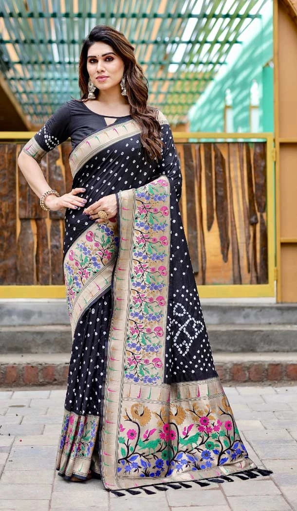 Pure Bandhej Silk Block Print Work Party Wear Saree in Black -9164186045