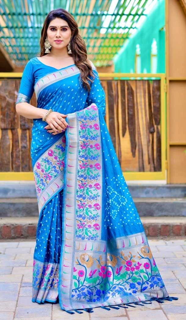 Pure Bandhej Silk Block Print Work Party Wear Saree in Blue -9164186046