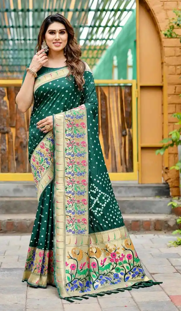 Pure Bandhej Silk Block Print Work Party Wear Saree in Green -9164186047