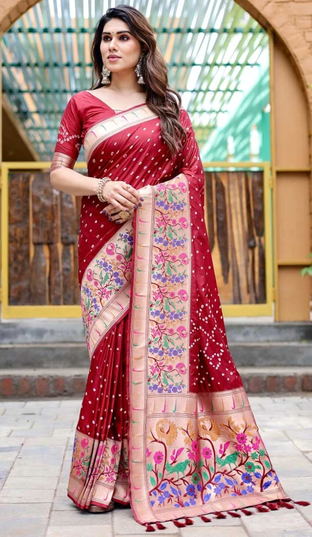 Pure Bandhej Silk Block Print Work Party Wear Saree in Maroon -9164186048