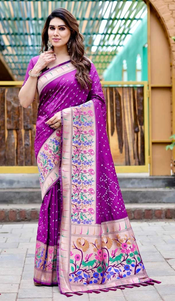 Pure Bandhej Silk Block Print Work Party Wear Saree in Purple -9164186049