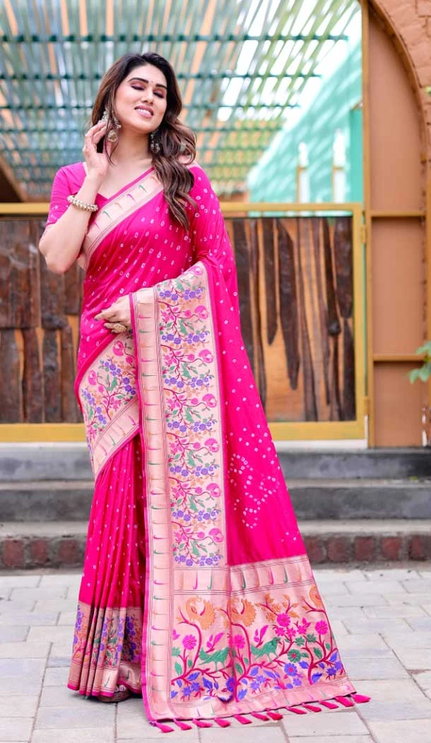 Pure Bandhej Silk Block Print Work Party Wear Saree in Rani Pink -9164186050