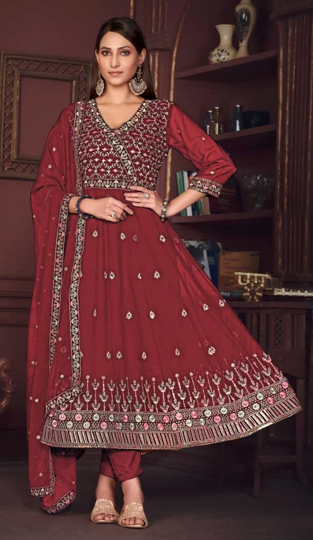 Georgette Embroidery Work Anarkali Style Salwar Suit in Maroon -9176186137