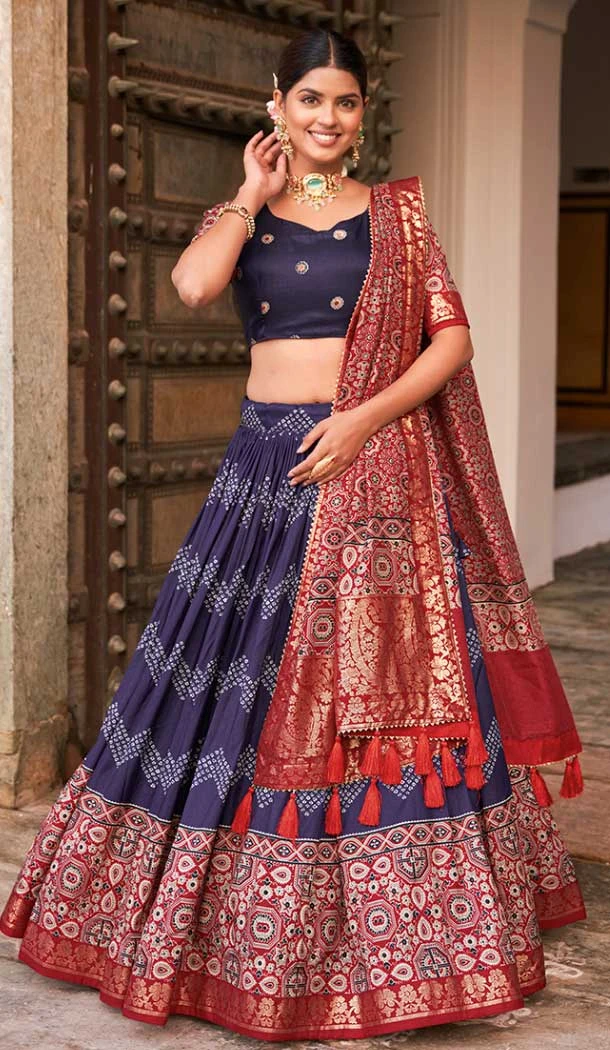 Digital Print Work Tussar Silk Navratri Chaniya Choli in Navy Blue -9181186157