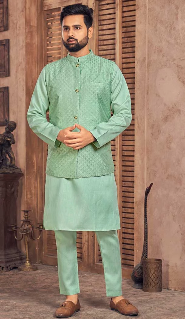 Heavy Banglori Silk Embroidery Work Kurta Pajama With Jacket in Mint Green -9209186262
