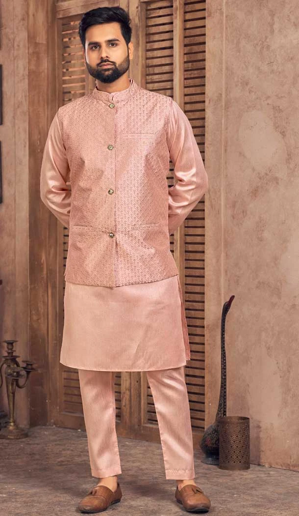 Heavy Banglori Silk Embroidery Work Kurta Pajama With Jacket in Peach -9209186263