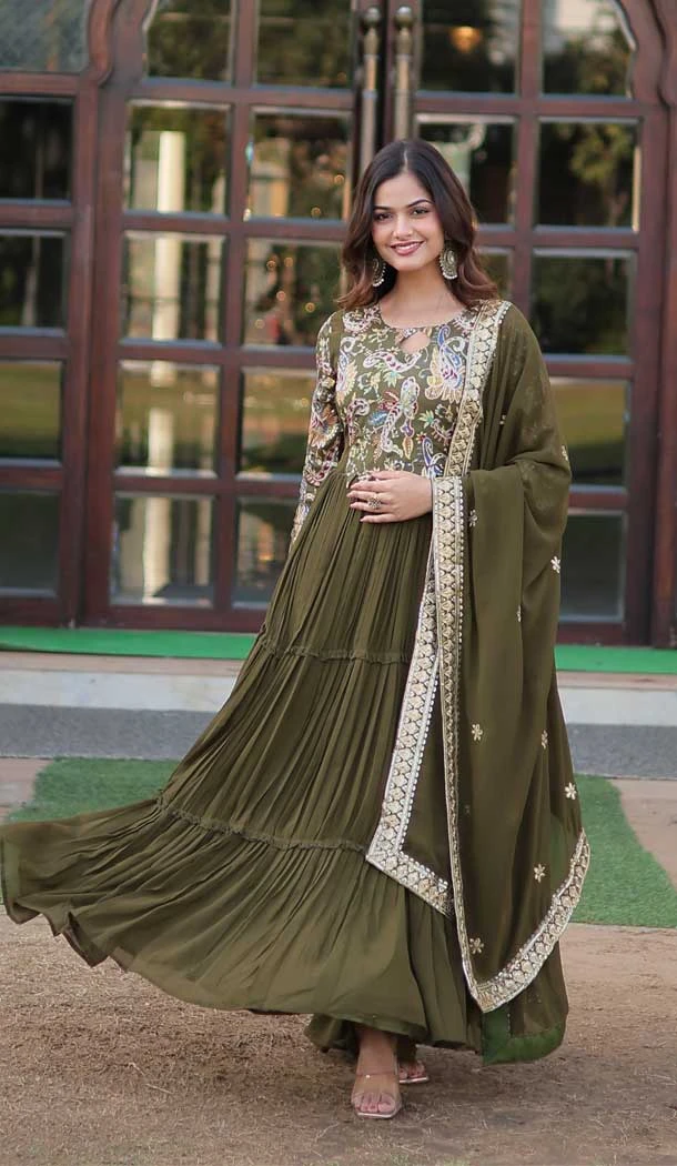 Faux Georgette Print Work Party Wear Readymade Gown in Mehendi Green -9225186313
