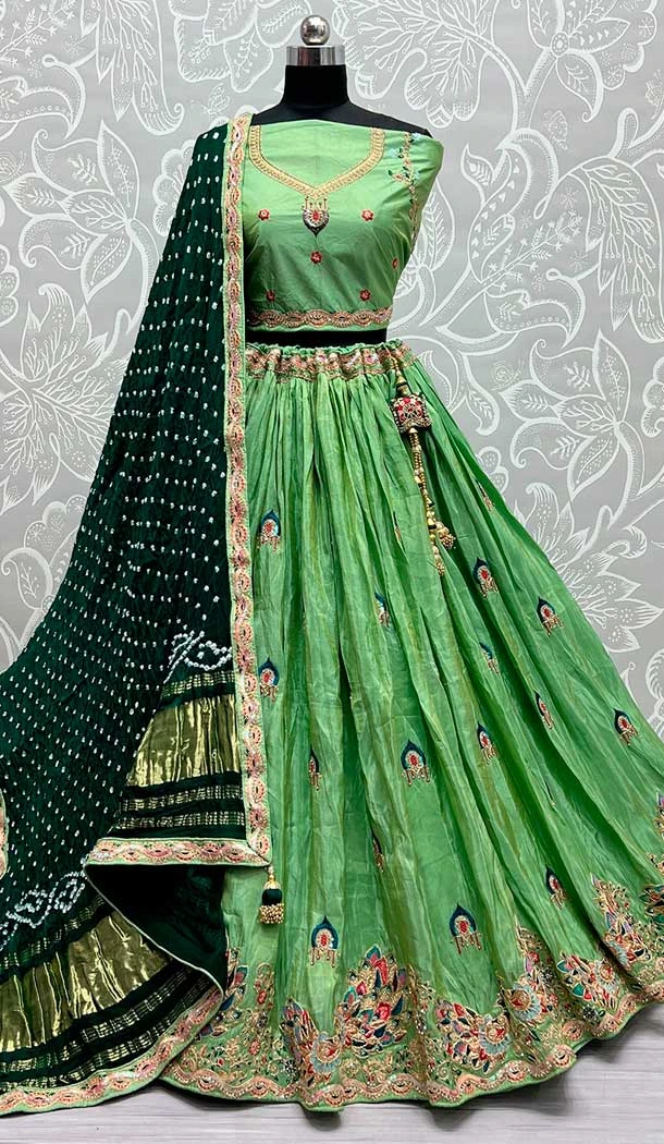 Dola Silk Embroidery Diamond Work Bridal Lehenga Choli in Pista Green -133281900