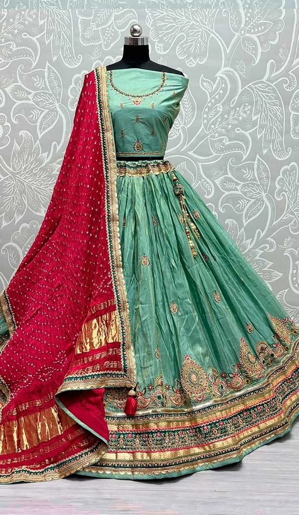 Cadet Blue Dola Silk Embroidery Diamond Work Bridal Lehenga Choli -133281902