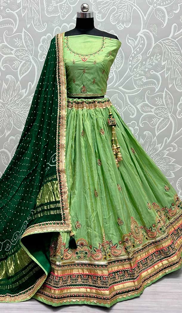 Pista Green Dola Silk Embroidery Diamond Work Bridal Lehenga Choli -133281903