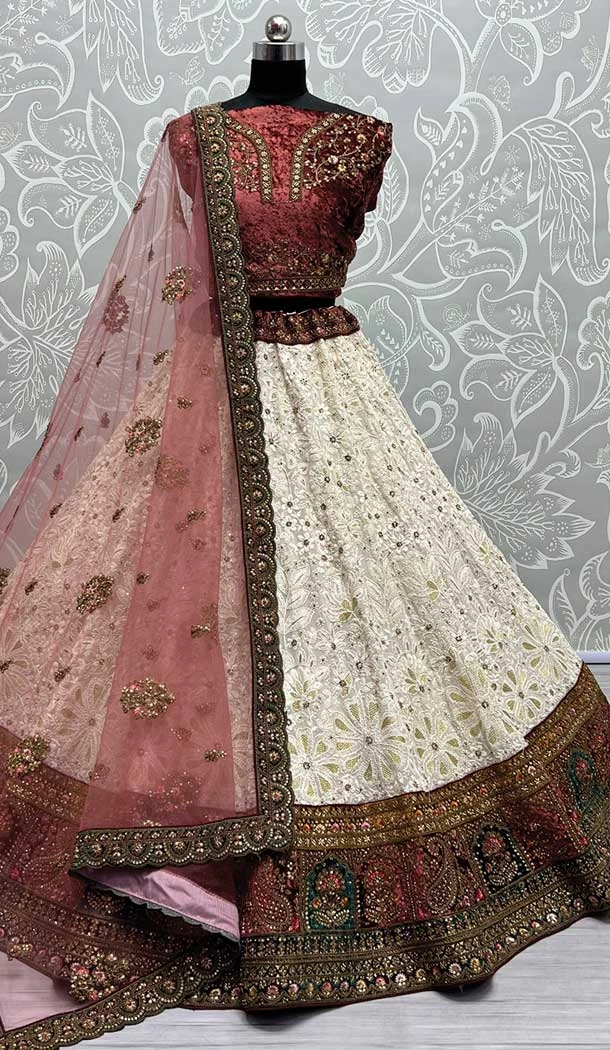 Georgette Embroidery Diamond Work Bridal Lehenga Choli in Maroon -134352611