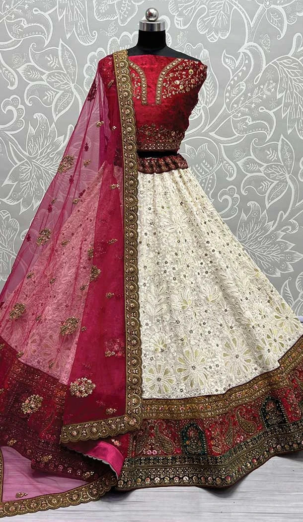 Georgette Embroidery Diamond Work Bridal Lehenga Choli in Pink -134352613
