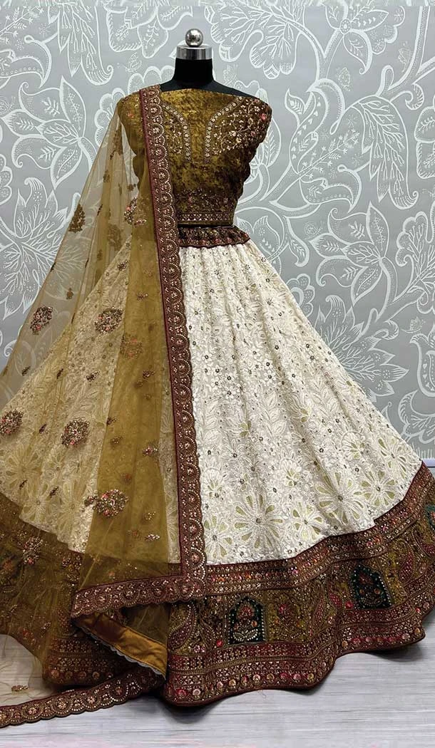 Georgette Embroidery Diamond Work Bridal Lehenga Choli in Mahendi Green -134352614