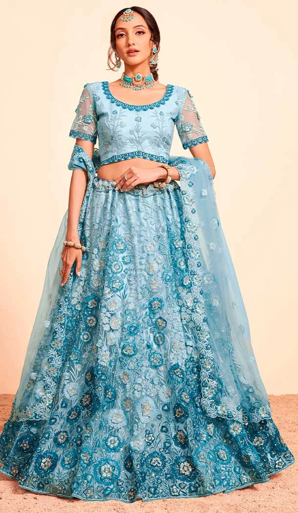 Soft Net Embroidery Work Designer Lehenga Choli in Firozi Blue -137994973