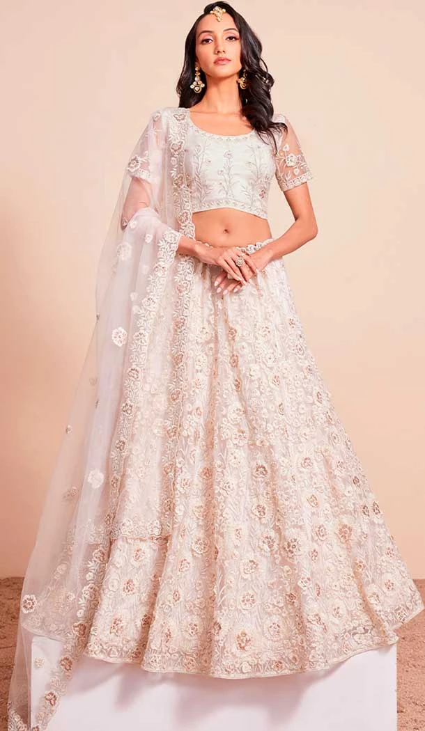 Soft Net Embroidery Work Designer Lehenga Choli in Off White -137994976