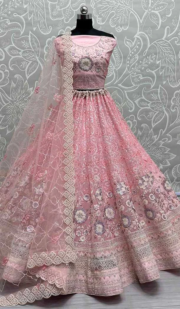 Soft Net Embroidery Diamond Work Bridal Lehenga Choli in Pink -138575317