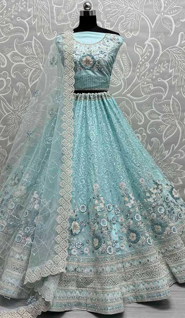 Soft Net Embroidery Diamond Work Bridal Lehenga Choli in Sky Blue -138575318