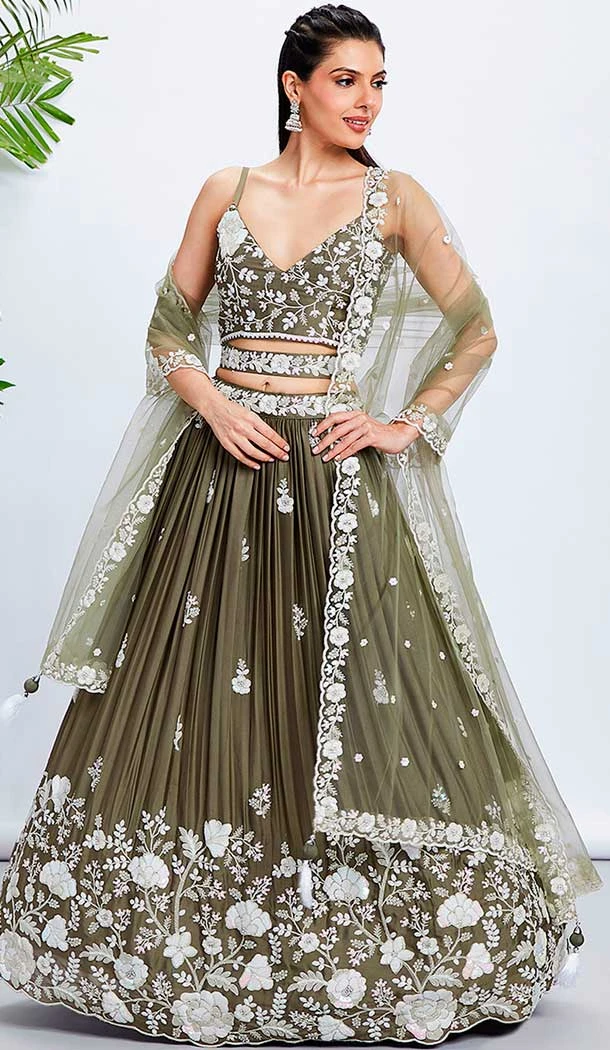 Embroidery Work Georgette Designer Wear Lehenga Choli In Olive Green -138885489