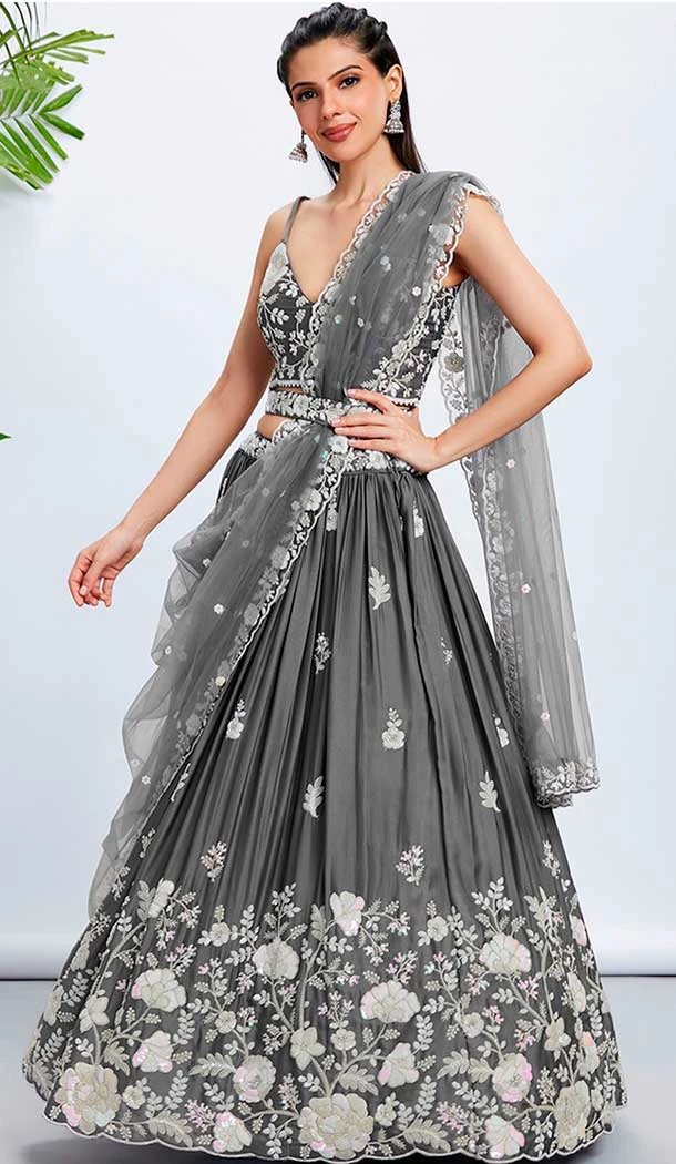 Embroidery Work Georgette Designer Wear Lehenga Choli In Grey -138885490