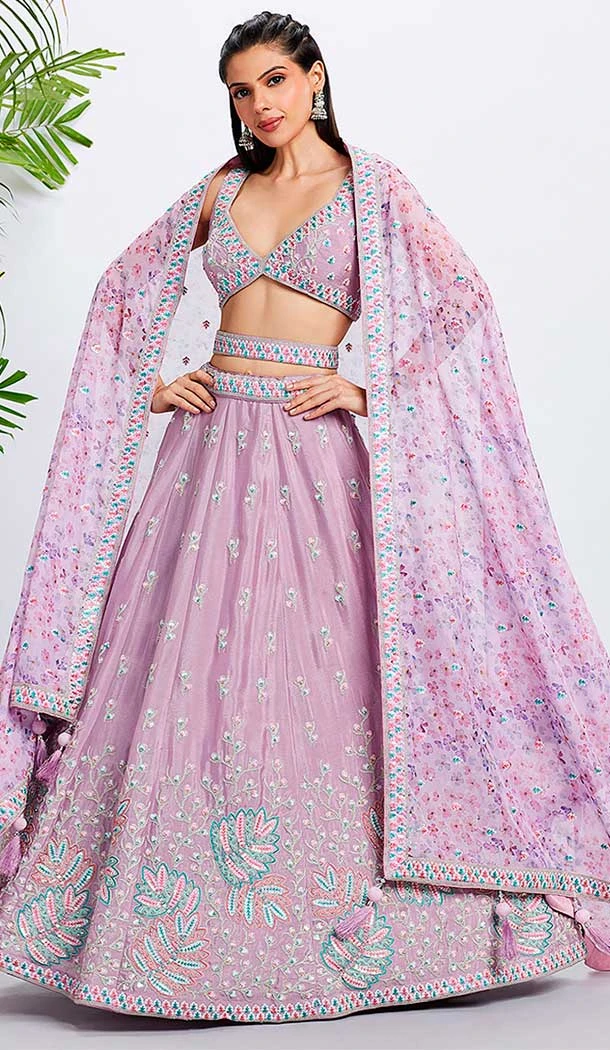 Embroidery Work Chiffon Designer Wear Lehenga Choli In Lavender -138885492